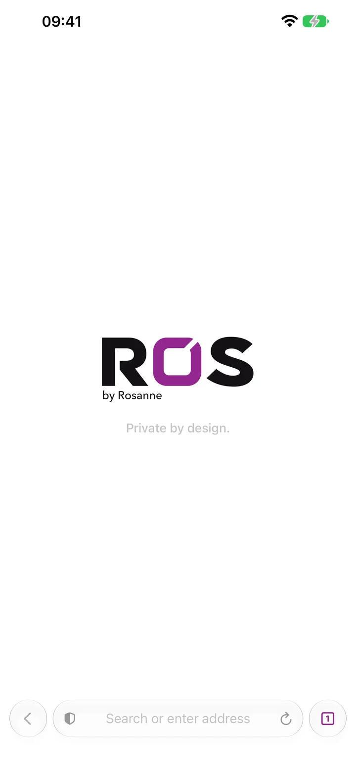 ROS on iPhone: an empty tab with the ROS by Rosanne lockup and the floating address bar.