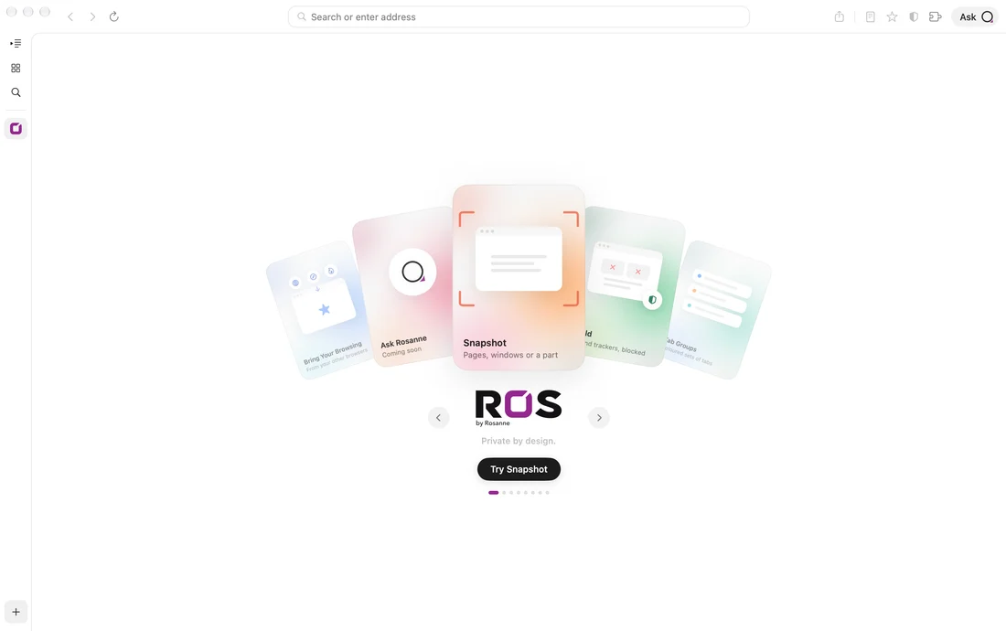 ROS on a Mac: the new tab page, with a fanned hand of feature cards above the ROS by Rosanne lockup and the line Private by design.